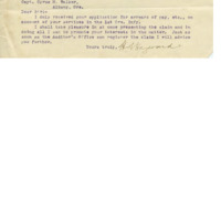 Letter from attorney Henry Hayward to Cyrus Walker upon receiving his application to the veteran pension program Letter from attorney Henry Hayward to Cyrus Walker upon receiving his application to the veteran pension program